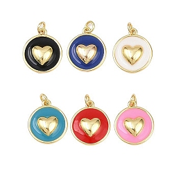 (52) Непрозрачная лаванда Латунь эмаль подвески, с целью перехода в кольце, плоский круглый с сердечками, без свинца и без кадмия, долговечный, реальный 18 k позолоченный, стойки покрытие, разноцветные, 16.5x14x1.5 мм, отверстие : 2.5 мм