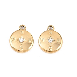 Real 14K Gold Plated 304 Stainless Steel Rhinestone Pendants, Flat Round/Compass Charms, Real 14K Gold Plated, 15x12x3mm, Hole: 1.5mm