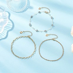 Морганит Натуральные самородки морганита и 304 звенья цепи из нержавеющей стали 3 многослойные браслеты на лодыжку для женщин, золотые, 9-1/4~9-3/4 дюйм (234~248 мм), 3 шт / комплект