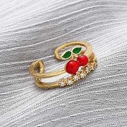 Настоящее золото 18K Латунные микропаве кубические цирконии регулируемые открытые манжеты кольца для женщин, вишня, с эмалью, стойки покрытие, прочное покрытие, без кадмия и без свинца, реальный 18 k позолоченный, 10 мм, внутренний диаметр: 17 мм