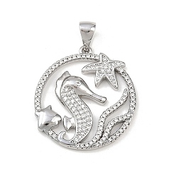 Платина Подвески из морской латуни с микропаве из кубических цирконий, морской конек, платина, 28x25x3.5 мм, отверстие : 5x3.5 мм