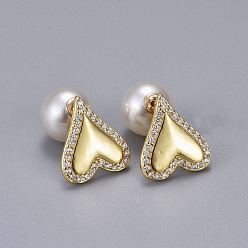 Real 18K Gold Plated Brass Micro Pave Clear Cubic Zirconia Stud Earrings, with Acrylic Imitation Pearl, Long-Lasting Plated, Heart, Real 18K Gold Plated, 17.5x15.5mm, Pin: 0.6mm