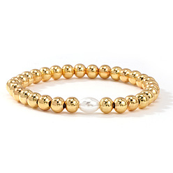 Настоящее золото 18K Браслеты из латуни и пластика с круглыми бусинами, имитирующими жемчуг, эластичные, для женщин., реальный 18 k позолоченный, 6.89 дюйм (17.5 см)
