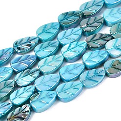 Небесно-голубой Нити резных бусин из натуральных пресноводных ракушек, лист, окрашенные, AB цвет, голубой, 10x6~6.5x2~4 мм, отверстие : 0.6~0.7 мм, около 36 шт / нитка, 14.17 дюйм (36 см)