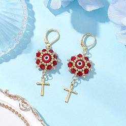 (123L) Белый крем непрозрачный блеск Сглаз с крестом 304 нержавеющая сталь стеклянные бусины серьги с застежкой-молнией, с рыболовной нитью, нейлоновой проволокой и бусинами лэмпворк ручной работы, золотые, огнеупорный кирпич, 56x19 мм