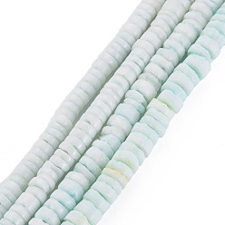 Light Cyan Sea Shell Beads Strands, Dyed, Flat Round/Disc, Light Cyan, 3~4x1~3mm, Hole: 1mm,  about 95~110pcs/strand, 6.89 inch(17.5cm)~7.28 inch(17.5cm~18.5cm)