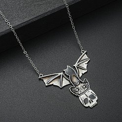 Antique Silver Gothic Alloy Skull with Bat Pendant Necklace, Halloween Jewelry for Men Women, Antique Silver, 23.62 inch(60cm)
