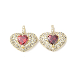 Red Rack Plating Brass Pendants, With Clear Cubic Zirconia, Long-Lasting Plated, Lead Free & Cadmium Free, Golden, Heart, Red, 20.5x20.5x10.5mm, Hole: 4mm