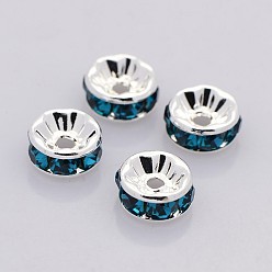 Blue Zircon Brass Rhinestone Spacer Beads, Grade AAA, Straight Flange, Nickel Free, Silver Color Plated, Rondelle, Blue Zircon, 4x2mm, Hole: 0.8mm