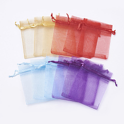 Mixed Color 4 Colors Organza Bags, with Ribbons, Rectangle, Red/Dark Orchid/Sky Blue/Goldenrod, Mixed Color, 9~9.5x6.5~7cm, 25pcs/color, 100pcs/set