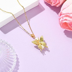 Golden Brass Micro Pave Cubic Zirconia and Natural Pearl Butterfly Pendant 304 Stainless Steel Cable Chain Necklaces for Women, Floral White, Golden, 17.85 inch(45.35cm)