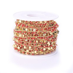 Красный Ручные граненые стеклянные бисерные цепи, пайки, с латунной фурнитурой , золотые, долговечный, с катушкой, красные, 7~7.5x3x2~2.5 мм, около 32.8 футов (10 м) / рулон