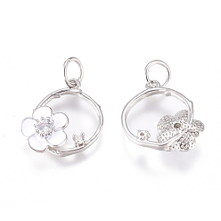 Платина Латунь прелести, с микро проложить кубического циркония, эмаль и прыжковые кольца, Кольцо с цветком, прозрачный и белый, платина, 13.5x13.5x3 мм, отверстие : 3.5 мм
