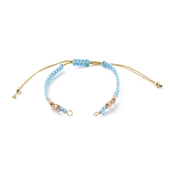 Sky Blue Polyester & Nylon Thread Braided Beaded Bracelet Making, with 304 Stainless Steel Jump Rings and Brass Beads, Golden, Sky Blue, 5-3/4~10-7/8 inch(14.6~27.5cm)