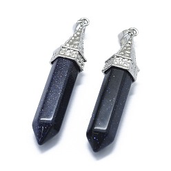 Blue Goldstone Synthetic Blue Goldstone Pointed Pendants, with Alloy Findings, Bullet, Platinum, 61x14.5x12.5mm, Hole: 3.5x
7.5mm