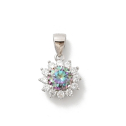 Цветок 925 Прозрачное серебро с микропаве из прозрачного кубического циркония, с муассанитовым стразом, платина, родий, цветок, 13.5x11.5x6.5 мм, отверстие : 5.5x4 мм