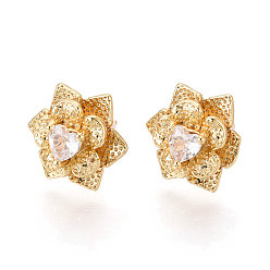 Настоящее золото 18K Серьги-гвоздики с прозрачным паве из латуни с кубическим цирконием, цветок, без никеля , реальный 18 k позолоченный, 14.5x16 мм