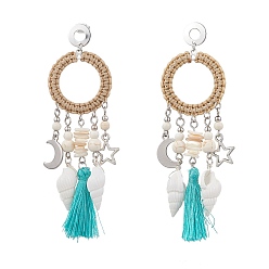 Средний Бирюзовый Оболочки серьги стержня, с 304 фурнитурой для сережек-гвоздиков из нержавеющей стали и бусиной из синтетического магнезита, плоско-круглые, цвет нержавеющей стали, средне бирюзовый, 95x28 мм