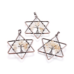 Citrine Natural Citrine Pendants, with Brass Findings, Star, Red Copper, 52x43x5~6mm, Hole: 5x8mm