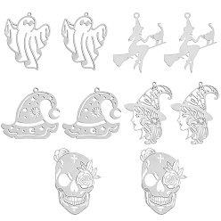 Нержавеющая Сталь Цвет 10 шт 5 стиль 201 подвески из нержавеющей стали, лазерная резка, для Хэллоуина, ведьма и шляпа ведьмы, череп и призрак, цвет нержавеющей стали, 28.5~43x30~35x1 мм, отверстие : 1.5~2 мм, 2 шт / стиль