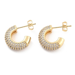 Golden Brass Pave Clear Cubic Zirconia Stud Earrings, Toroidal, Golden, 19.5x4.5mm