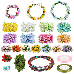 Mixed Color 16Pcs Cloth Artificial Carnations Flower Bouquet, for Wedding Home Decoration, with Single Face Satin Ribbon, Foam Berry Vine and Leaf Polyester Lace Trim Ribbon, Mixed Color, 100x86x38.5mm