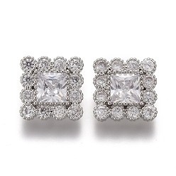 Платина Пуговицы на хвостовике из латуни с микропейвом и прозрачным кубическим цирконием, квадратный, платина, 11x11x5.5 мм, отверстие : 1 мм