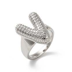 Letter V Открытое кольцо-манжета из латуни с надписью Micro Pave и прозрачным цирконием для женщин, без кадмия, без никеля и без свинца, платина, Буква V, 19.5x15 мм, размер США 6 (16.5 мм)