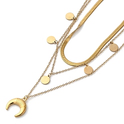 Golden 304 Stainless Steel Cable & Flat Snake Chains 3 Layered Necklace, Double Horn & Flat Round Pendants Necklace, Golden, 16.34 inch(41.5cm)