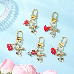 Красный 5 шт. подвесные украшения из эмалевого сплава с бантом ко Дню святого Валентина, с поворотными застежками сплава, красные, 57 мм