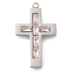 Розовый 304 из нержавеющей стали амулеты горный хрусталь, крест очарование, цвет нержавеющей стали, светло-розовый, 24.5x15x3 мм, отверстие : 1.2 мм