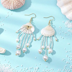 Серебро Серьги-подвески из стекла, натурального ракушечного материала и немагнитного синтетического гематита, серьги-кисточки из бисера ручной работы, формы раковины, с имитацией жемчуга, золотые, серебряные, 87.5x25 мм