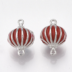 Real Platinum Plated Brass Links connectors, with Enamel, Lantern, Red, Nickel Free, Real Platinum Plated, 11.5x8mm, Hole: 0.8mm