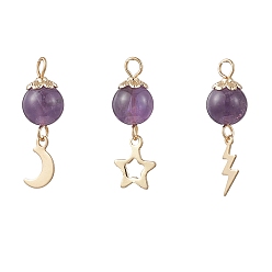 Аметист 3шт 3 стильные подвески с натуральным аметистом, подвески из латуни и нержавеющей стали в виде звезд, луны, молний и драгоценных камней, золотые, 24~26x8~8.5x8 мм, отверстие : 2 мм