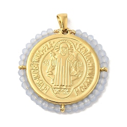 Светло-Синий Ионное покрытие (ip) 304 подвески из нержавеющей стали, со стеклянными бусинами, реальный 18 k позолоченный, плоско-круглые, голубой, 34x34.5x3 мм, отверстие : 3.5x3 мм