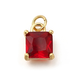 Красный Латунь прелести, со стеклом и прыжковым кольцом, реальный 18 k позолоченный, квадратный, красные, 11.5x9x6.5 мм, отверстие : 3.5 мм