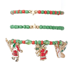 (52) Непрозрачная лаванда 3шт. наборы браслетов из стеклянных бусин с рождественской тематикой, с подвесками из эмали и сплава , разноцветные, внутренний диаметр: 2-1/4~2-3/8 дюйм (5.7~6 см)