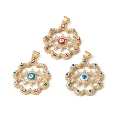 Mixed Color Rack Plating Brass Enamel Pendants, with Cubic Zirconia, Cadmium Free & Lead Free,, Flower with Evil Eye, Real 18K Gold Plated, Long-Lasting Plated, Mixed Color, 26.5x24x4mm, Hole: 4x3.5mm