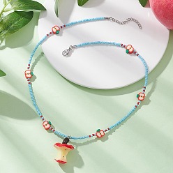 Красный Кулон в виде огрызка яблока из смолы ко Дню учителя, ожерелье из полимерной глины и стеклянного бисера для женщин., платина, красные, 17.91 дюйм (45.5 см)