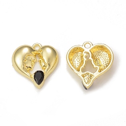 Black Rack Plating Alloy Glass Pendants, Golden, Heart Charms, Black, 19x18x4mm, Hole: 1.8mm