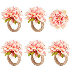Orange Red Jute Braided Napkin Rings, with Polyseter Artificial Flower, for Wedding, Valentine's Day, Anniversary, Orange Red, 75mm, Inner Diameter: 36.5mm