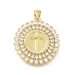 Настоящее золото 18K Латунные микро проложить кубического циркония подвески, плоские круглые с крестом, стойки покрытие, долговечный, без свинца и без кадмия, реальный 18 k позолоченный, 28.5x25.5x2.5 мм, отверстие : 3.5x4.5 мм