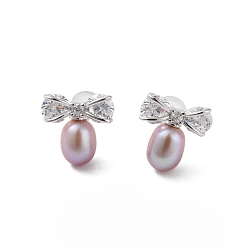 Platinum 925 Sterling Silver Studs Earring, with Cubic Zirconia and Natural Pearl, Bowknot, Platinum, 12.5x12mm
