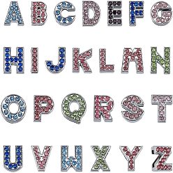 Mixed Color 26Pcs 26 Style Alloy Rhinestone Slide Charms, Alphabet, Letter A~Z, Mixed Color, 12mm