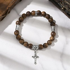 Верблюжий Браслеты с подвесками из сплава крестиков, Браслеты из натурального дерева с круглыми бусинами для мужчин и женщин, верблюжие, внутренний диаметр: 2-1/4 дюйм (5.75 см)