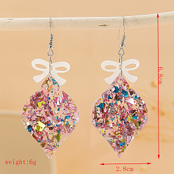 Pink Рождественские акриловые серьги-подвески с бантом, с блеском порошок, платина, розовые, 68x28 мм