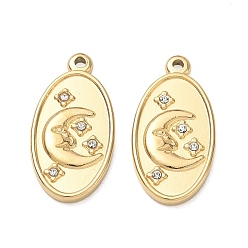 Oro 304 Colgantes del rhinestone del acero inoxidable, ovalado con dijes de luna y estrella, revestimiento de iones (ip), dorado, 25.5x13x3 mm, agujero: 2 mm
