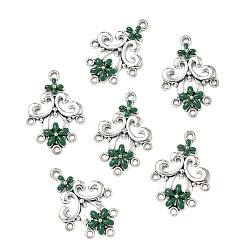 Grün Legierung Kronleuchter Komponente Links, cadmiumfrei und bleifrei, Schmelz-Stil, Blume, Antik Silber Farbe, grün, 34x22x3 mm, Bohrung: 2 mm