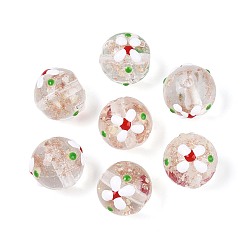 Белый Светящиеся бусины лэмпворк из золота и песка ручной работы, круглая с цветком, с эмалью, светится в темноте, белые, 11.5~13.5 мм, отверстие : 1.2~1.6 мм