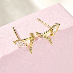 Золотой Серьги-гвоздики из латуни с конским глазом и прозрачным кубическим цирконием, без кадмия и без свинца, долговечный, золотые, 12x9 мм